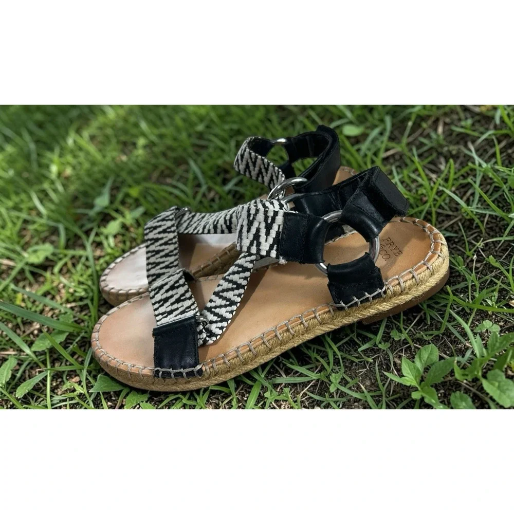 Frye & Co. Kole Asymmetrical Sandals Sz 7 M Black White Straps Espadrille Shoes - Picture 4 of 11